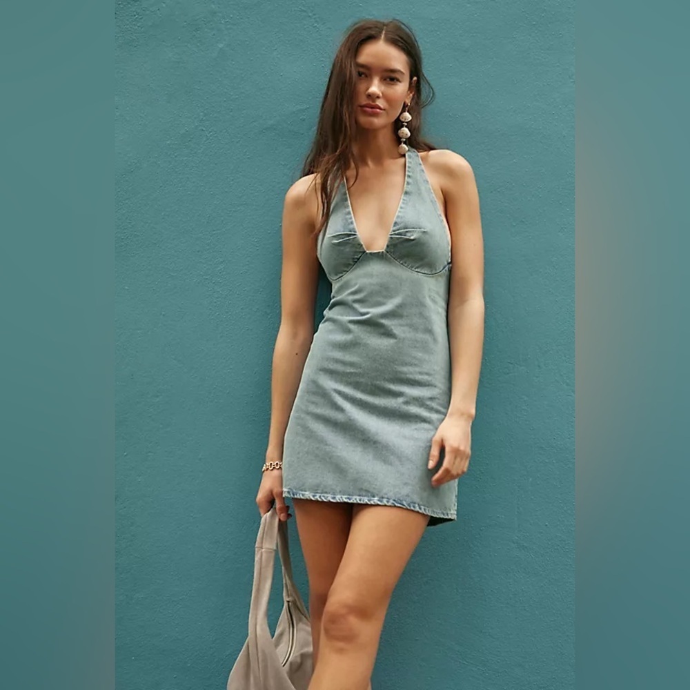 Free People Trevi Denim Halter Mini Dress in Celestial Light Blue Jean